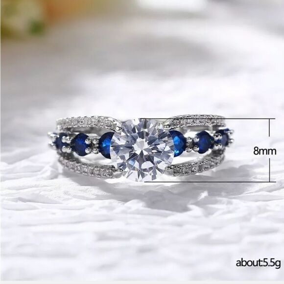 Blue Sapphire & Clear White Diamond Center Stone & Baguette Diamonds P - Picture 4 of 9